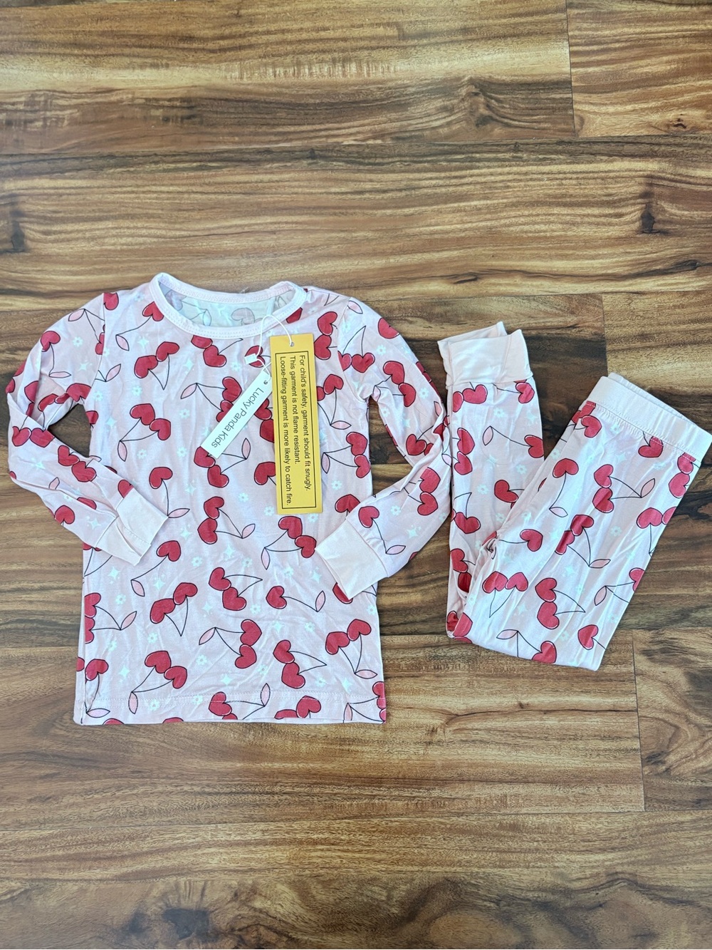 NWT Lucky Panda Kids Toddler Girls Bamboo Two Piece Set 2T Cherry Hearts Pajamas